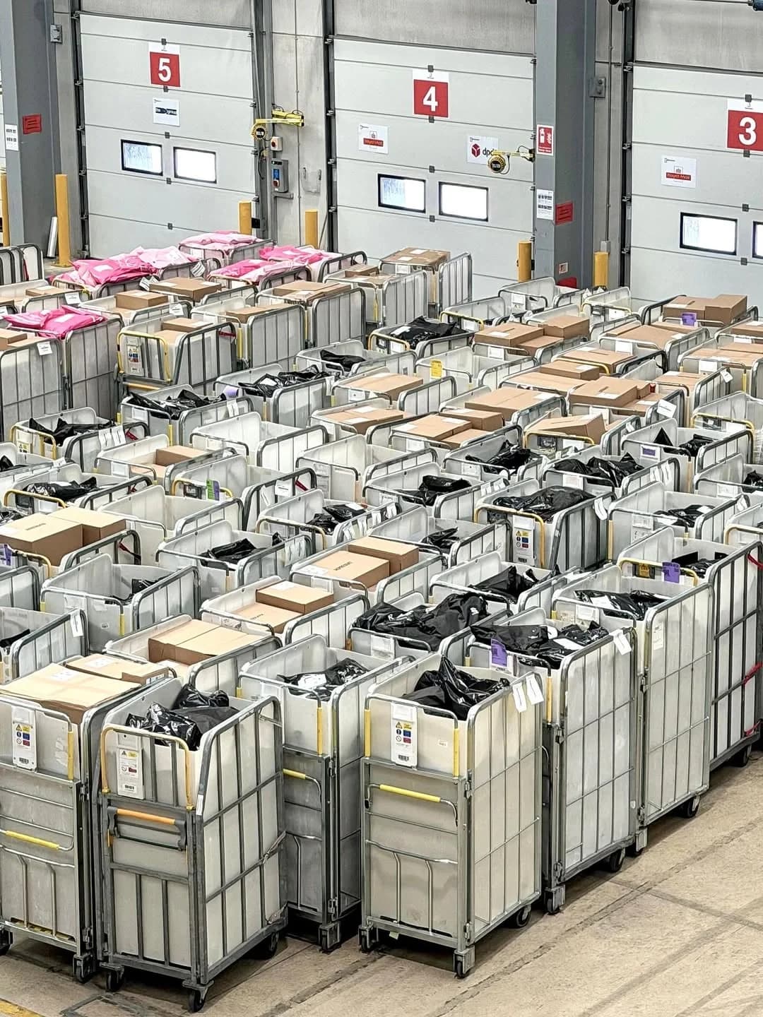 Logistics crossdock facility with sorted parcel roll cages at loading gates