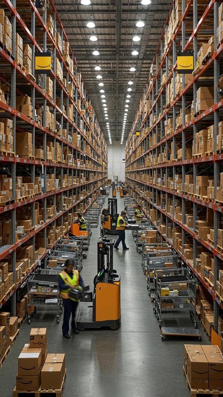 High-bay fulfillment center warehouse aisles with reach trucks and picking carts